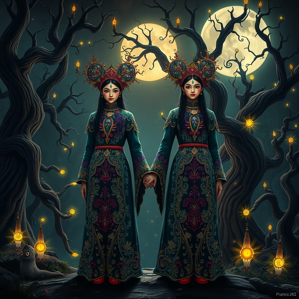 Moonlit Twin Princesses in Whimsical Forest Realm