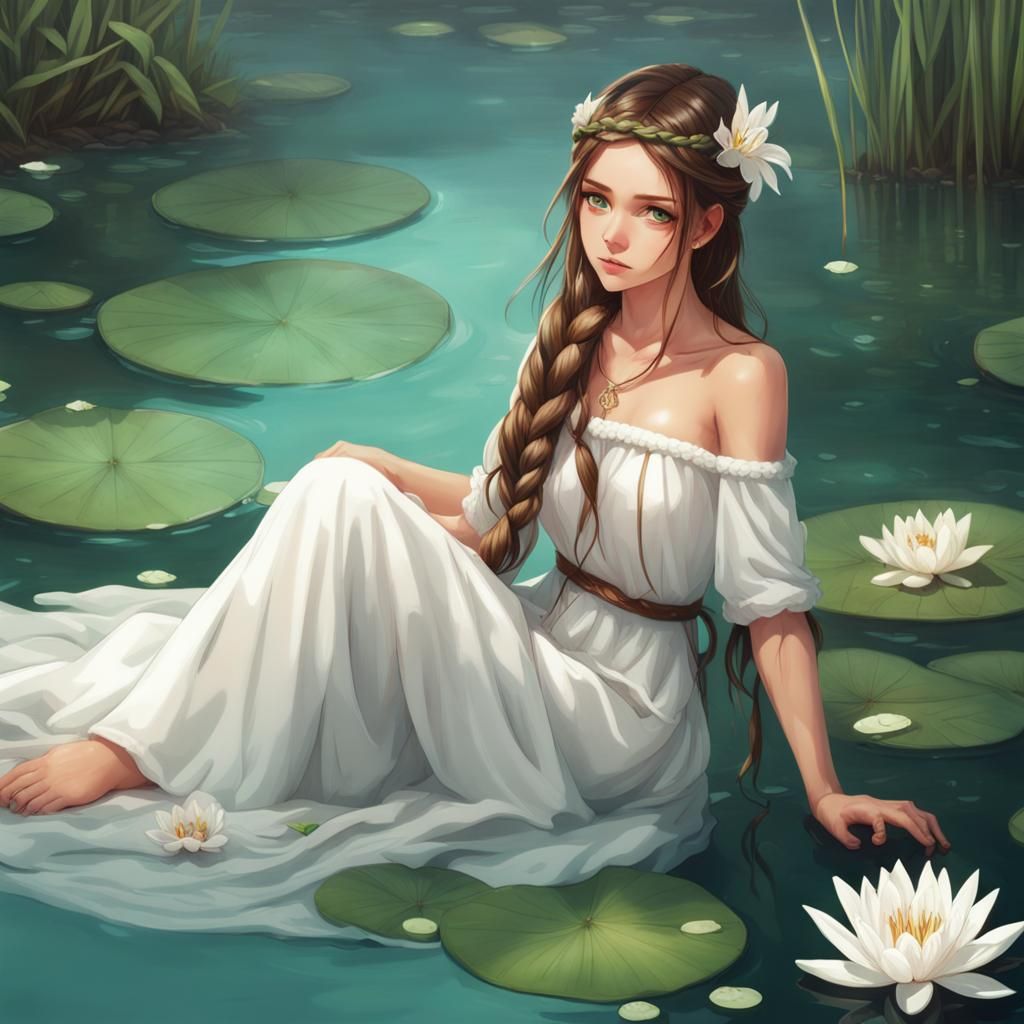 Woman with Lilies in a Pond, 8k Resolution