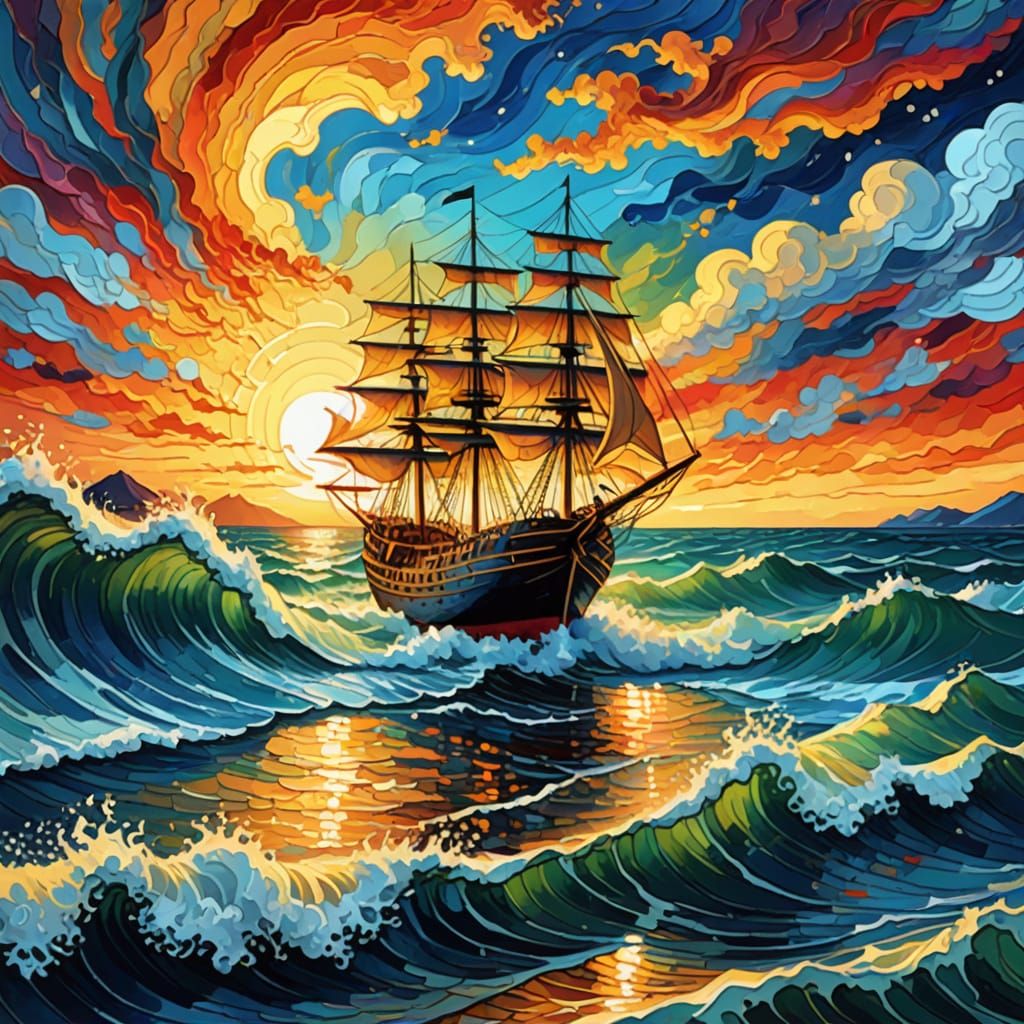 Abstract Cruise Ship at Sunset in Digital Painting Style