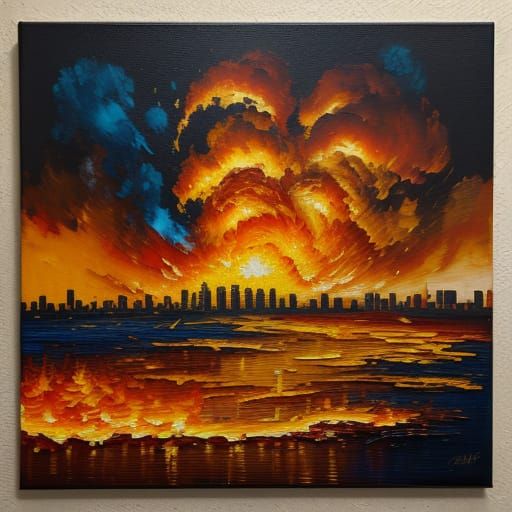 Vibrant Neo-Impressionist Oil Painting of a City in Flames