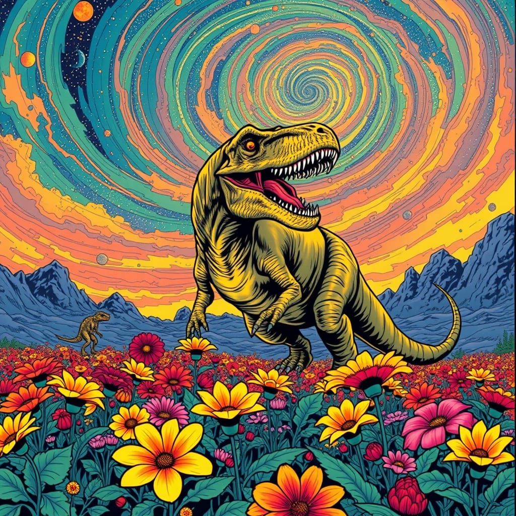 Colossal T-Rex Roaring on Alien Planet as Comic