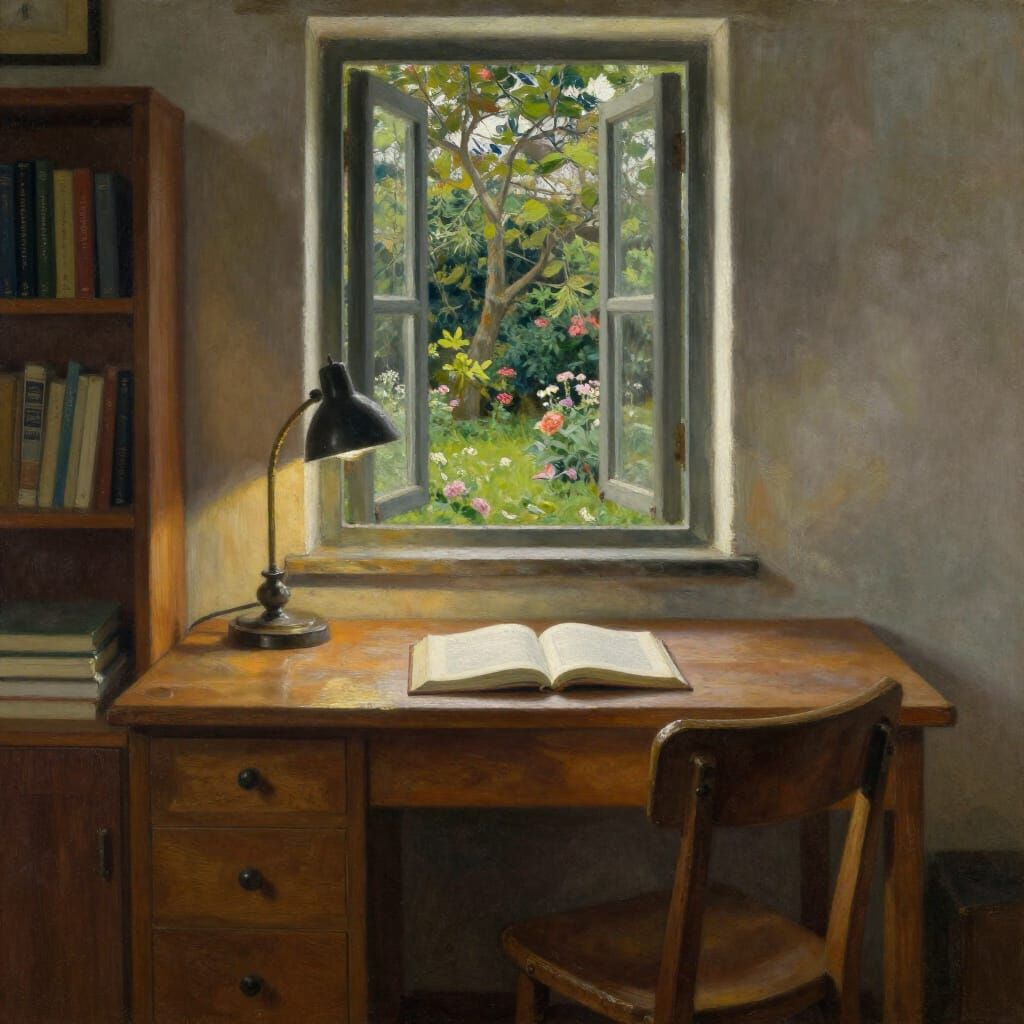 Cozy Study Room with Open Book and Garden View