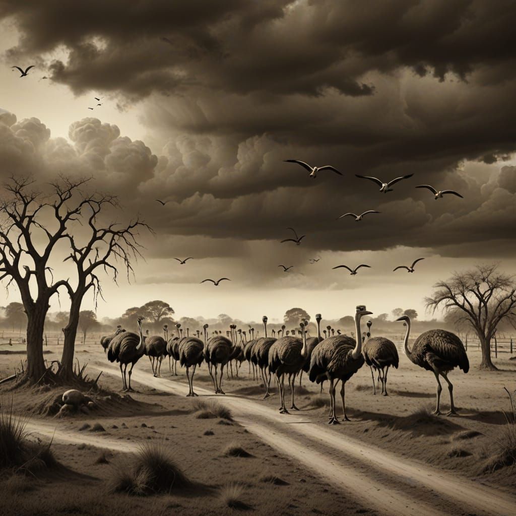 Surreal Ostriches Roam a Grim, Sepia-Toned Rural Landscape