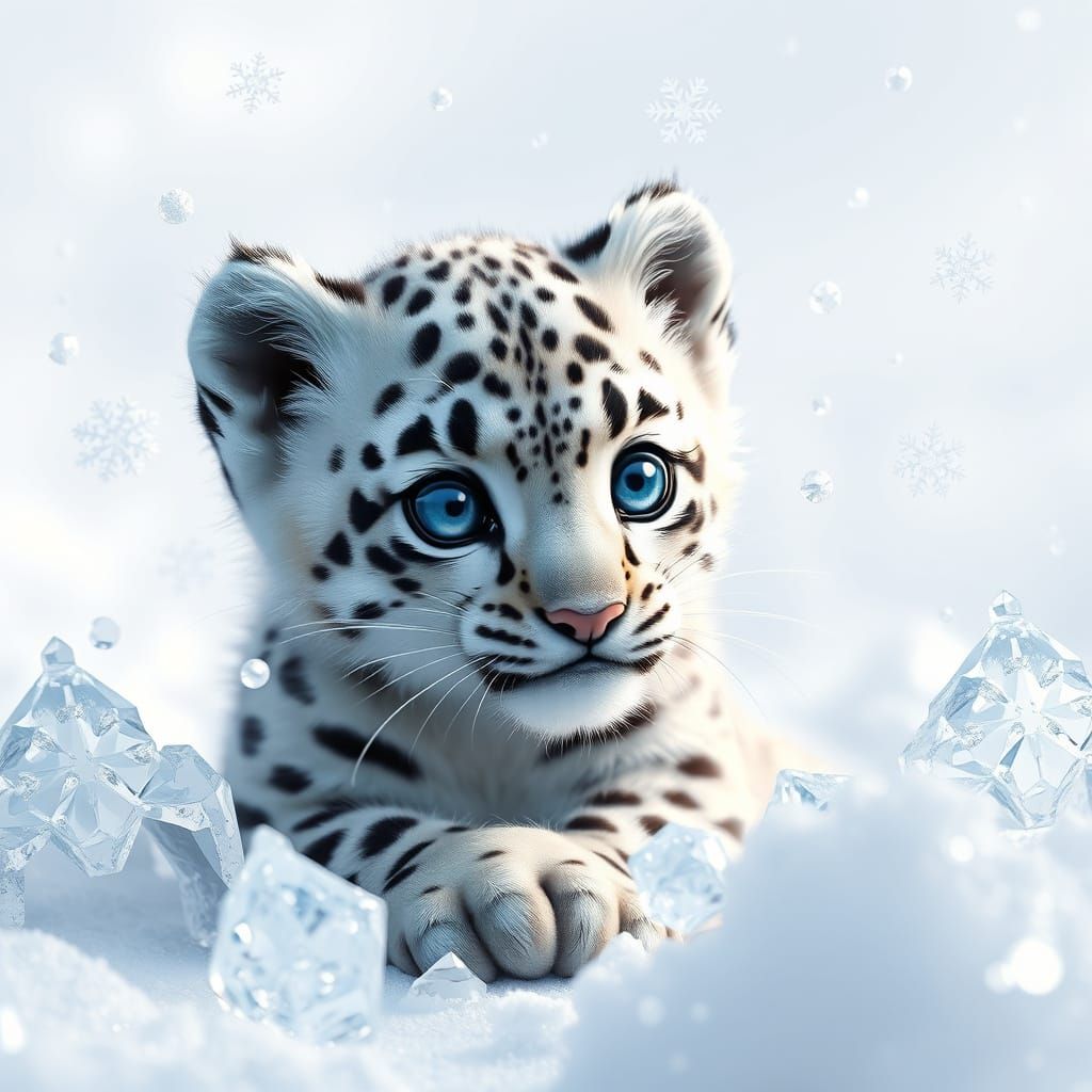 Enchanting Snow Leopard Cub in Dreamy, Digital Landscape