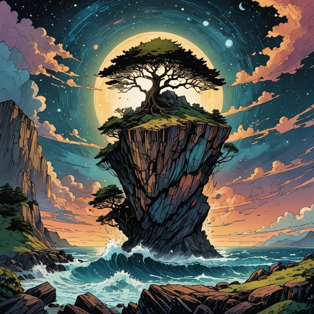 Surreal Cliffside Tree in Comic Book Style