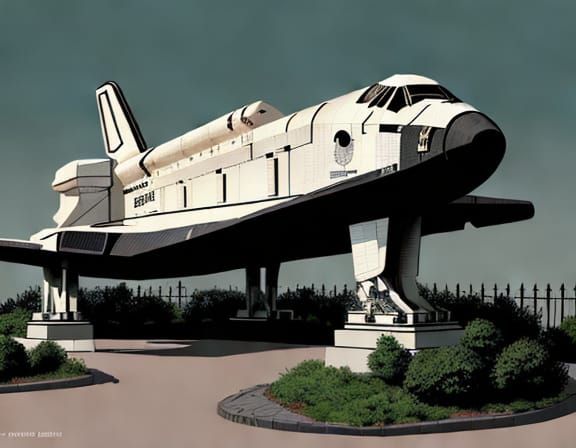 Heroic Space Shuttle Model in a Garden, Retrofuturism Style