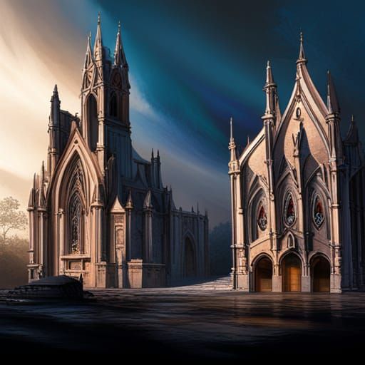 Eerie Gothic Church in Hyperrealistic Splash Art