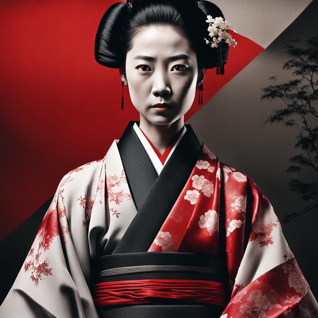 Japanese Noble in Kimono: Ink Wash Portrait