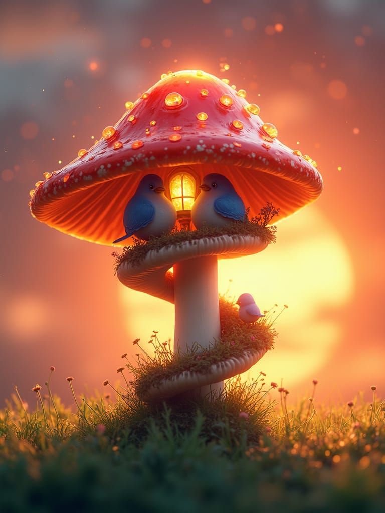 Cartoon Mushroom Birdhouse with Tiny Blue Birds