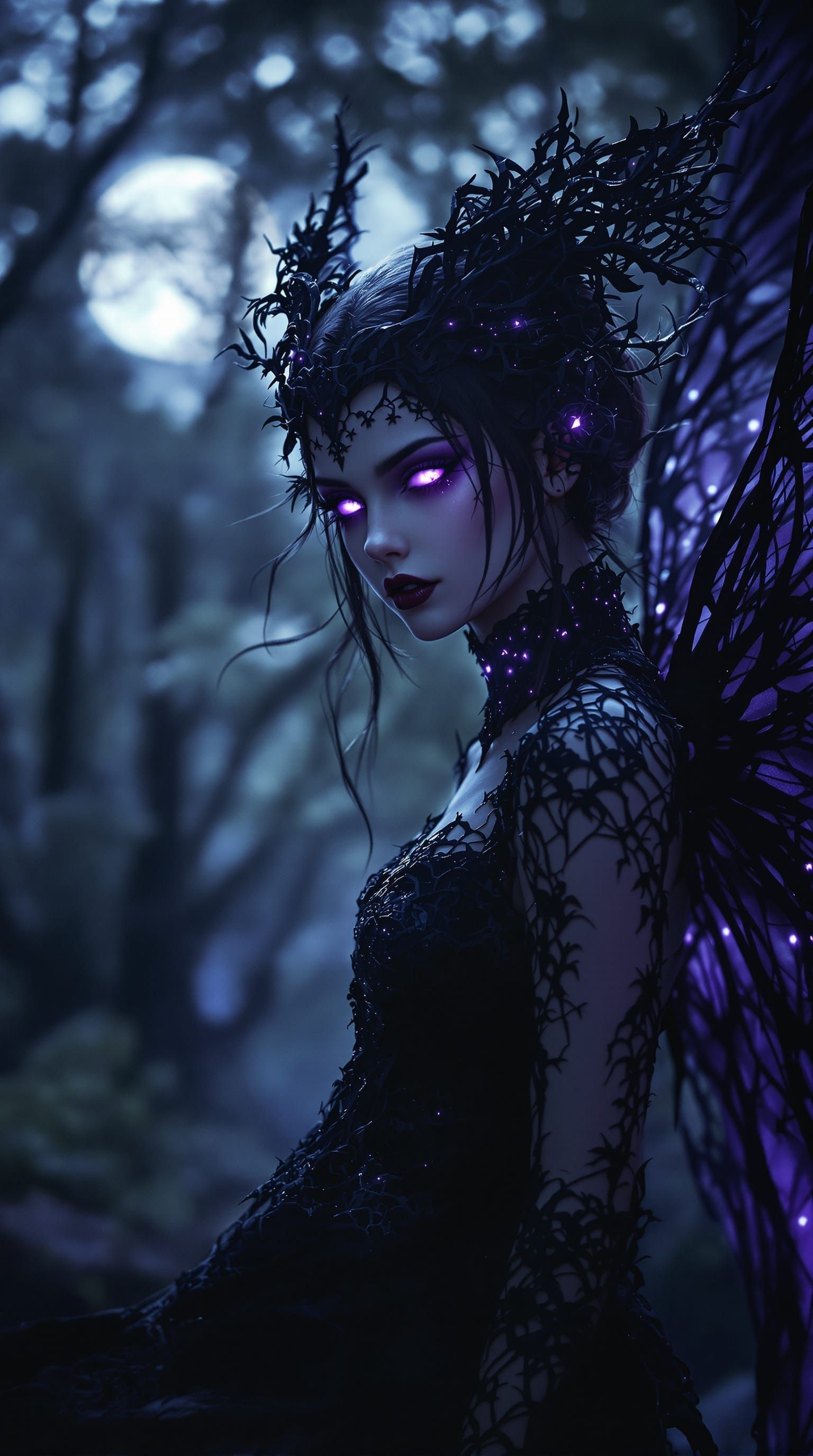Gothic Fairy with Shadow Wings in Moonlit Forest