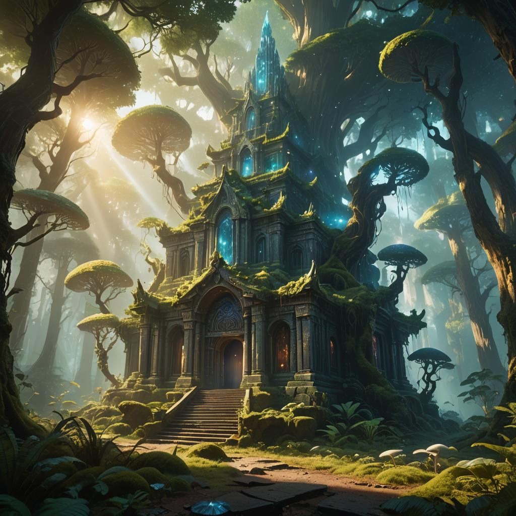 Crystal Temple in Mystical Forest: Digital Matte Painting