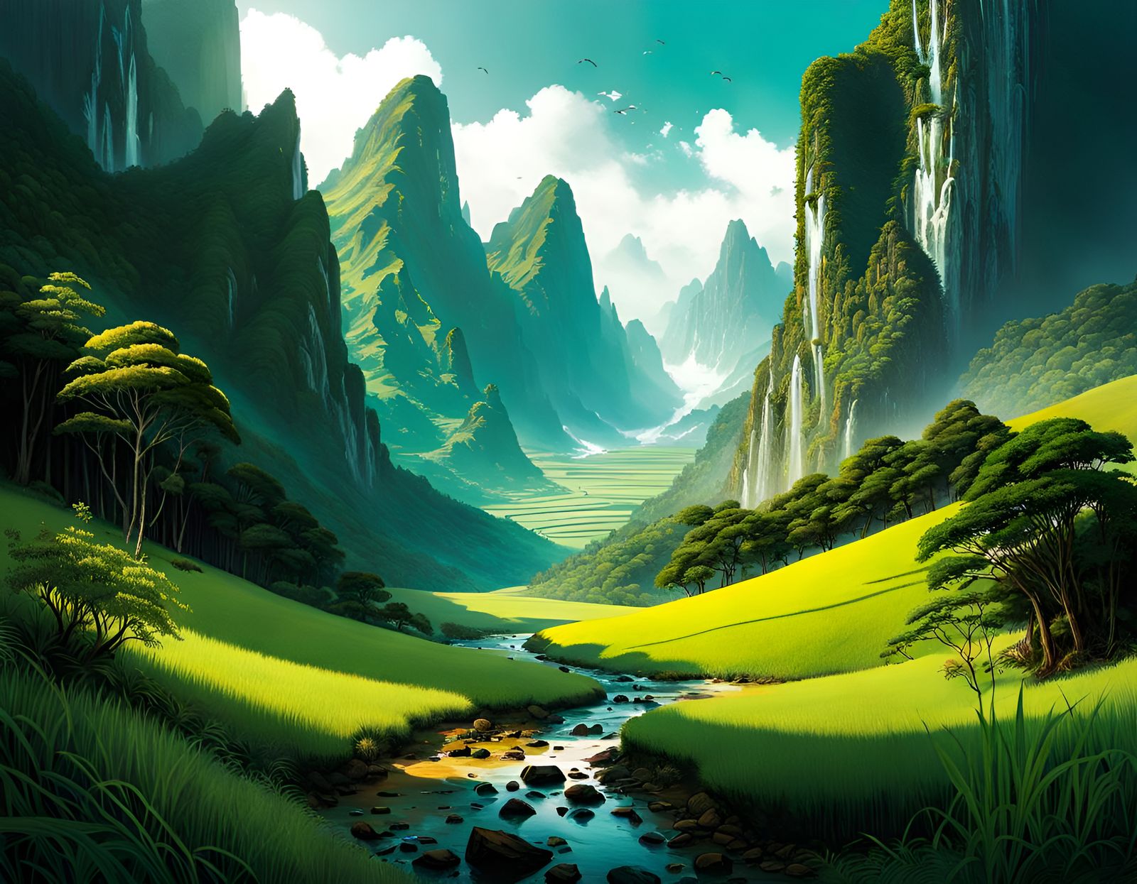 Scenic River Landscape in Romantic Style