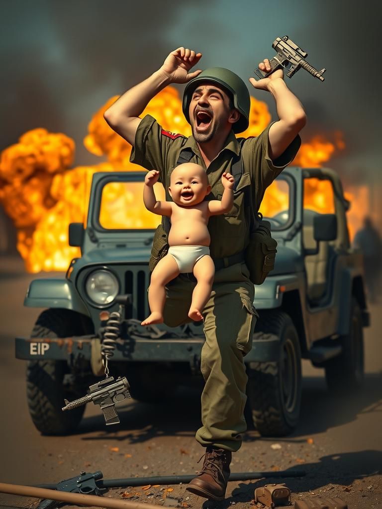 Distressed Soldier in Burning Landscape