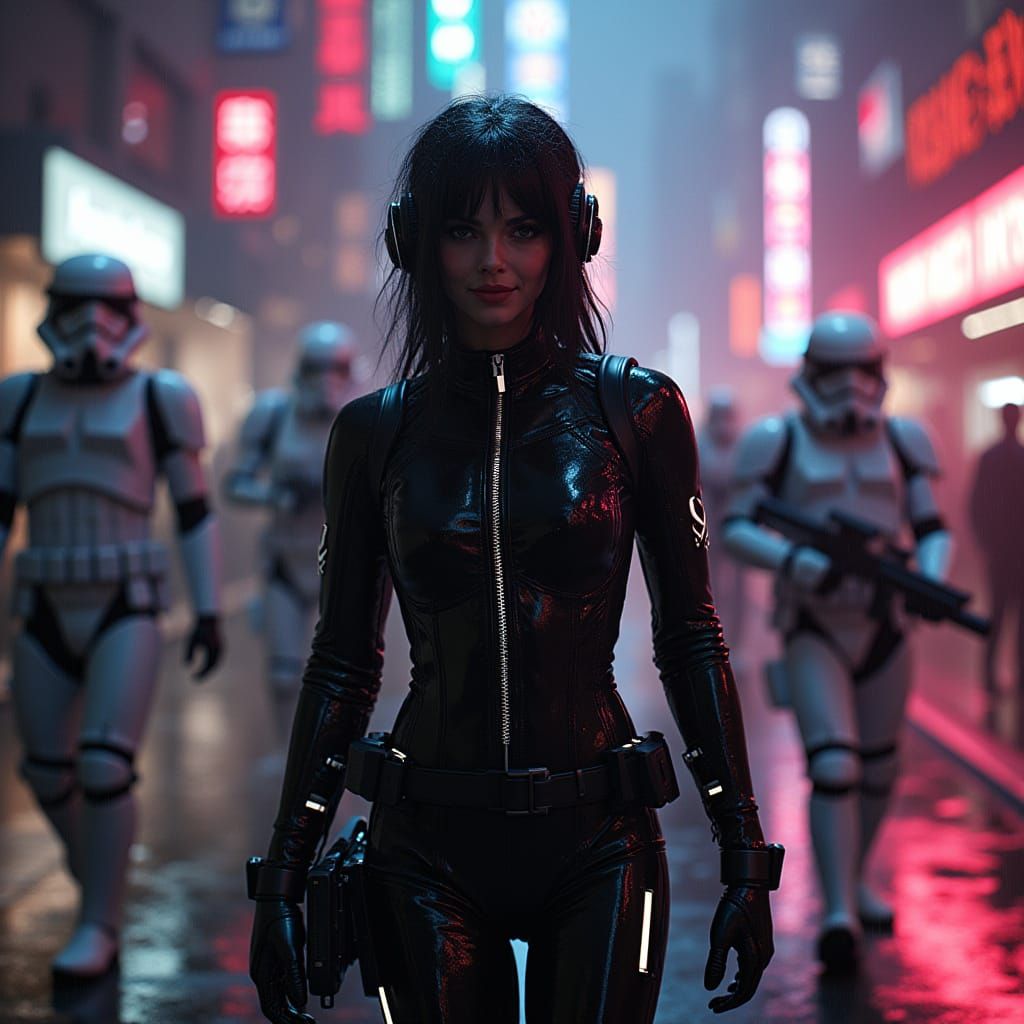 Cyberpunk Tech Girl Sneaking Through Neon City