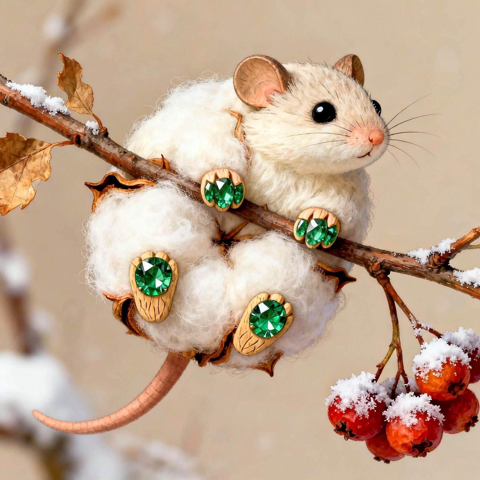 An adorable cotton boll dormouse with paws with demantoid-ga...