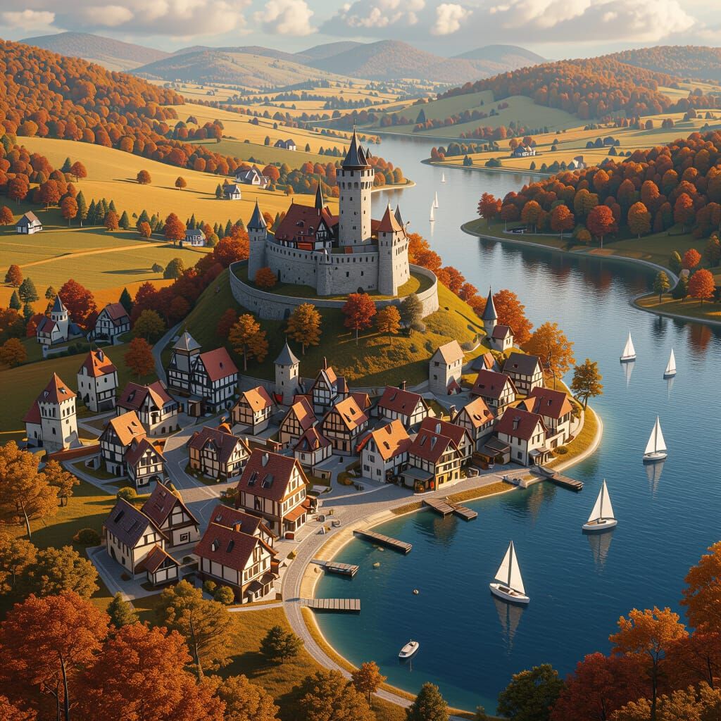 Cozy Autumn Village with Castle Overlooking Lake