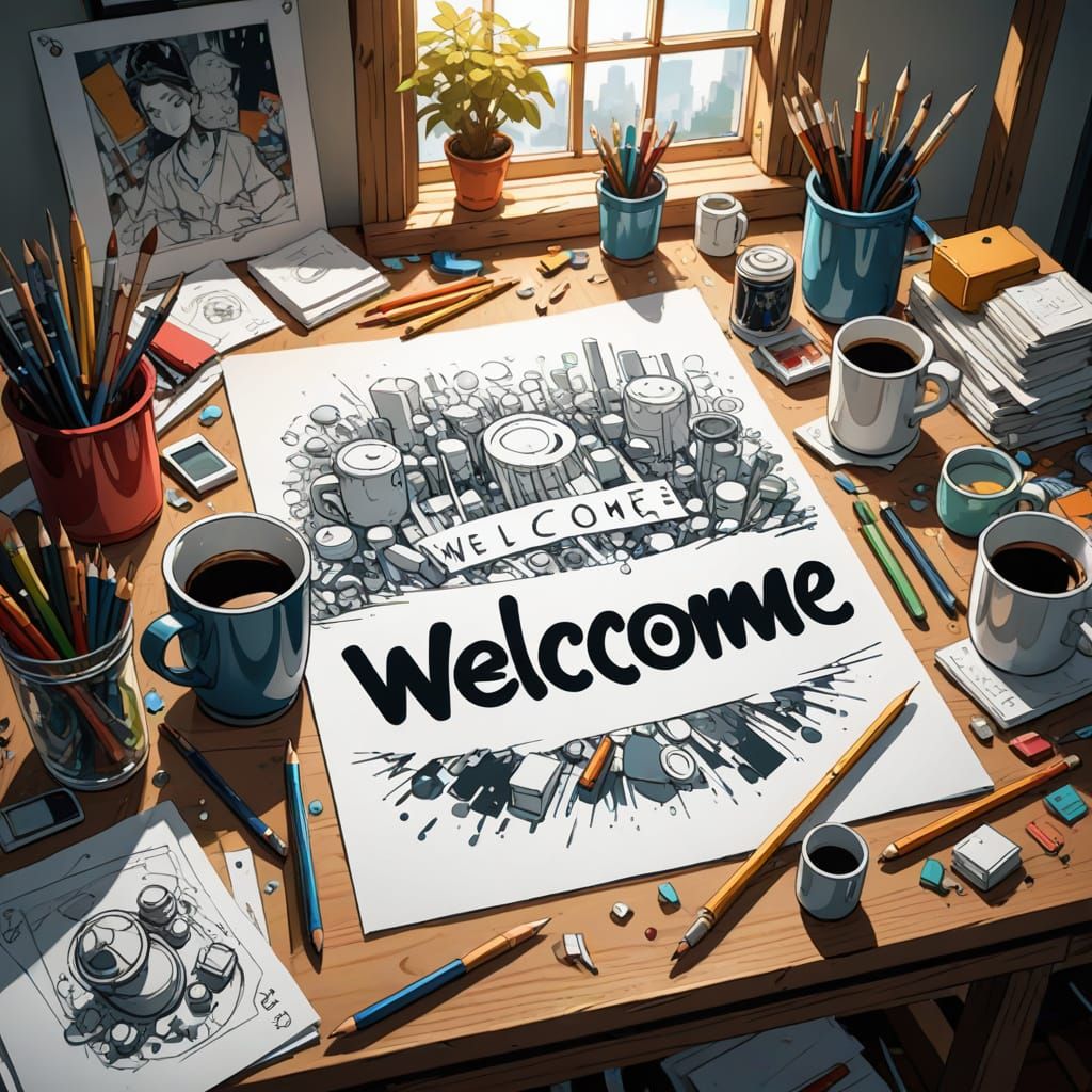 Sign on busy artist  worktable saying "welcome" sketchee and...