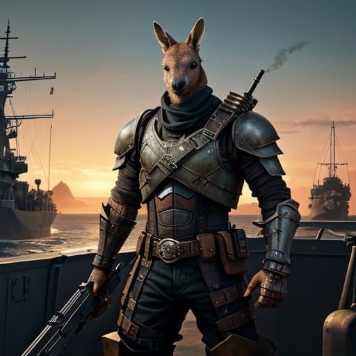 Futuristic Kangaroo Soldier on Weathered Battle Ship