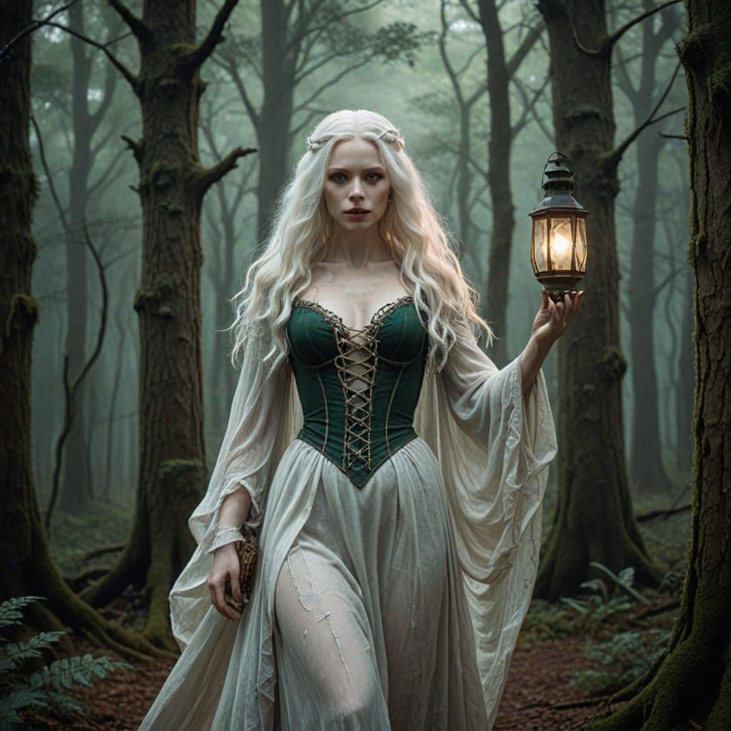 Gothic Albino Woman in Misty Forest, Dark Fantasy Art