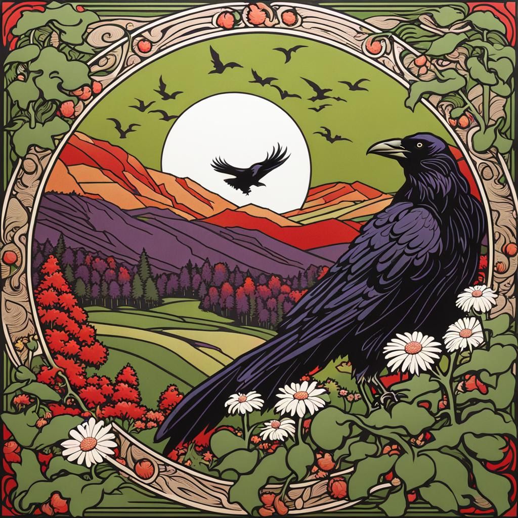 Art Nouveau Woodcut: Crow in Vermont Landscape