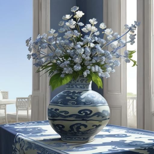 "(Camaïeu blue and white:1.5) on fayence with the tints of" ...