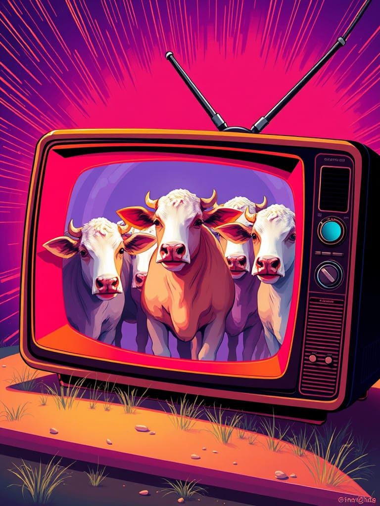 Sheep Gather Around an Old Retro TV with a Flickering Spiral...