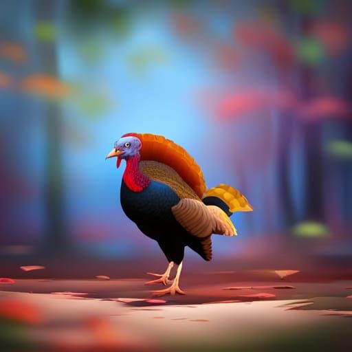 Cartoon Turkey in Autumn Forest, Hyperrealistic Splash Art