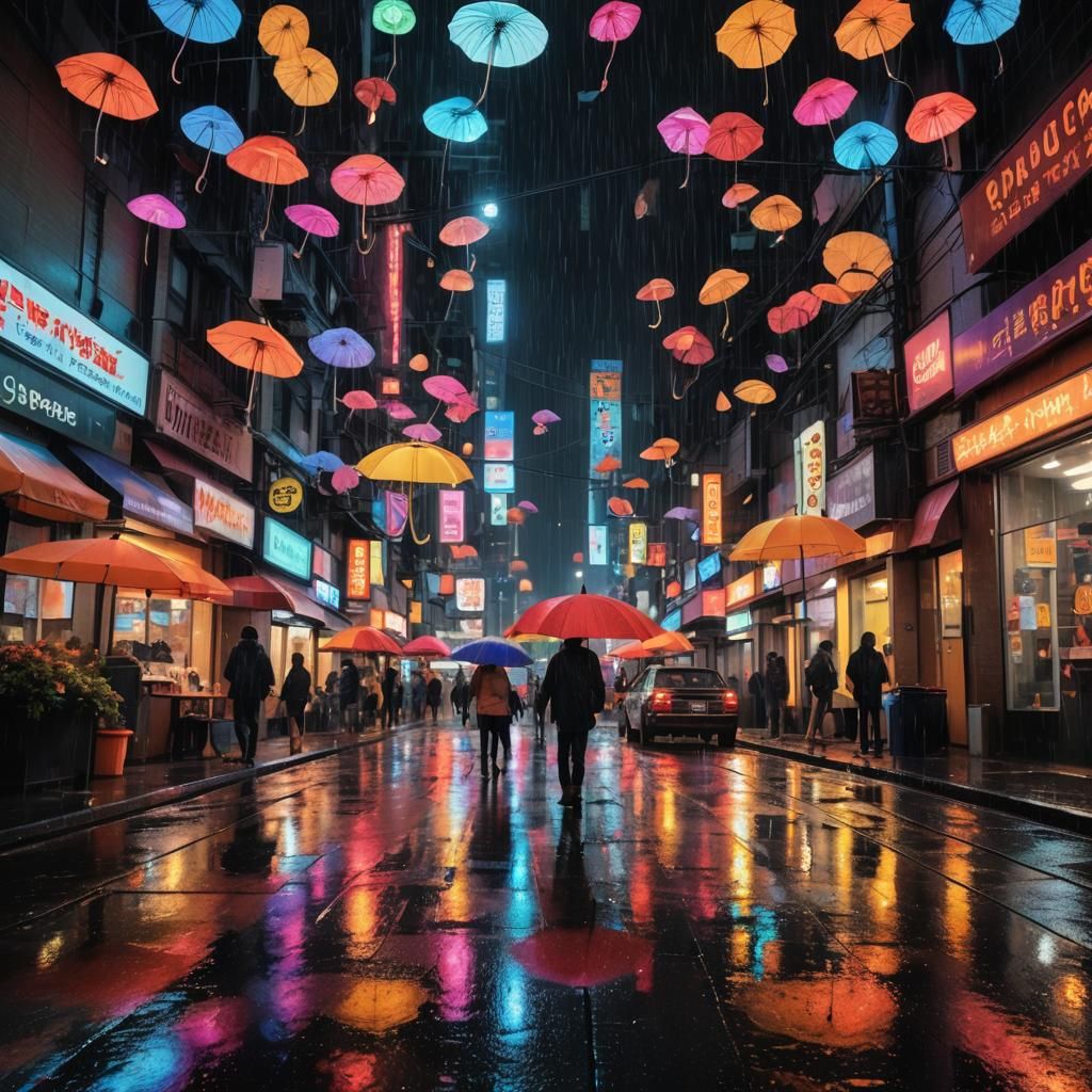 Neon Reflections: A bustling city street at night during a h...