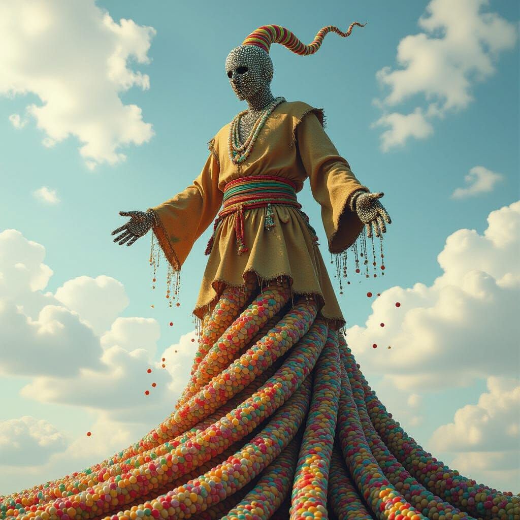 Beaded Figure Falling from Beanstalk in Digital Art Style