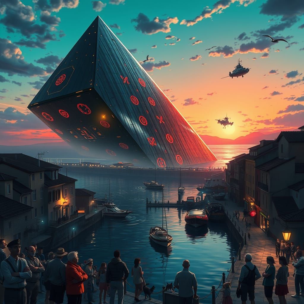 Surreal Livorno Port Scene under Iridescent Greenish-Purple ...