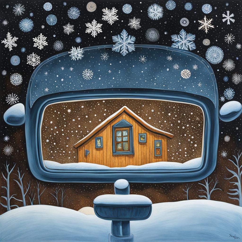 Snowflakes on Windshield in Inuit Art Style