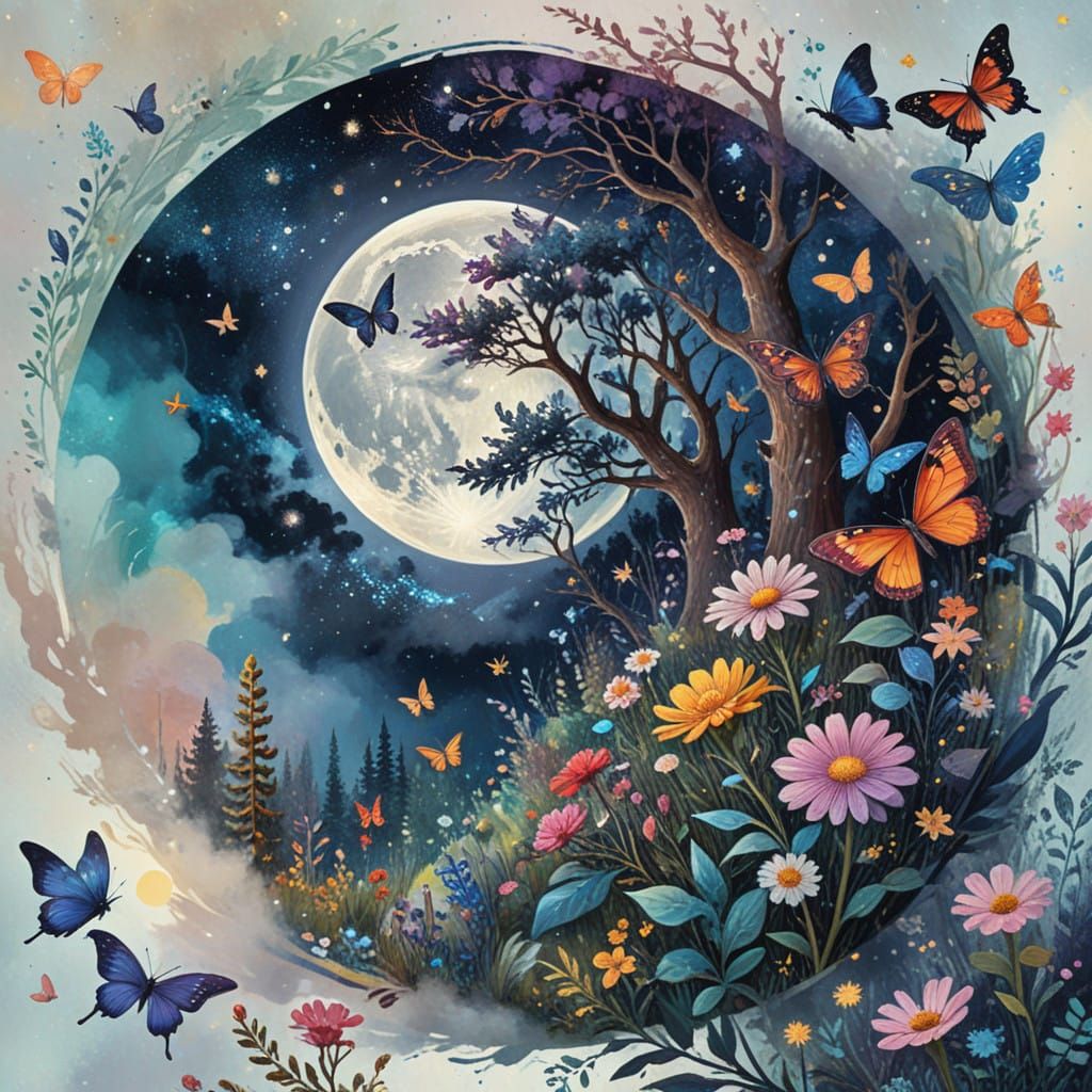 Dreamlike Gouache Forest Under Full Moon