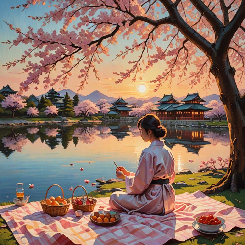 Serene Picnic Under Cherry Blossoms, Impressionist Oil Paint...