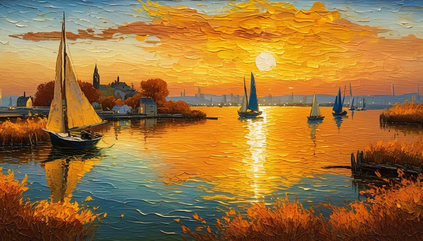 Glowing Sunset City in Van Gogh Style Painting