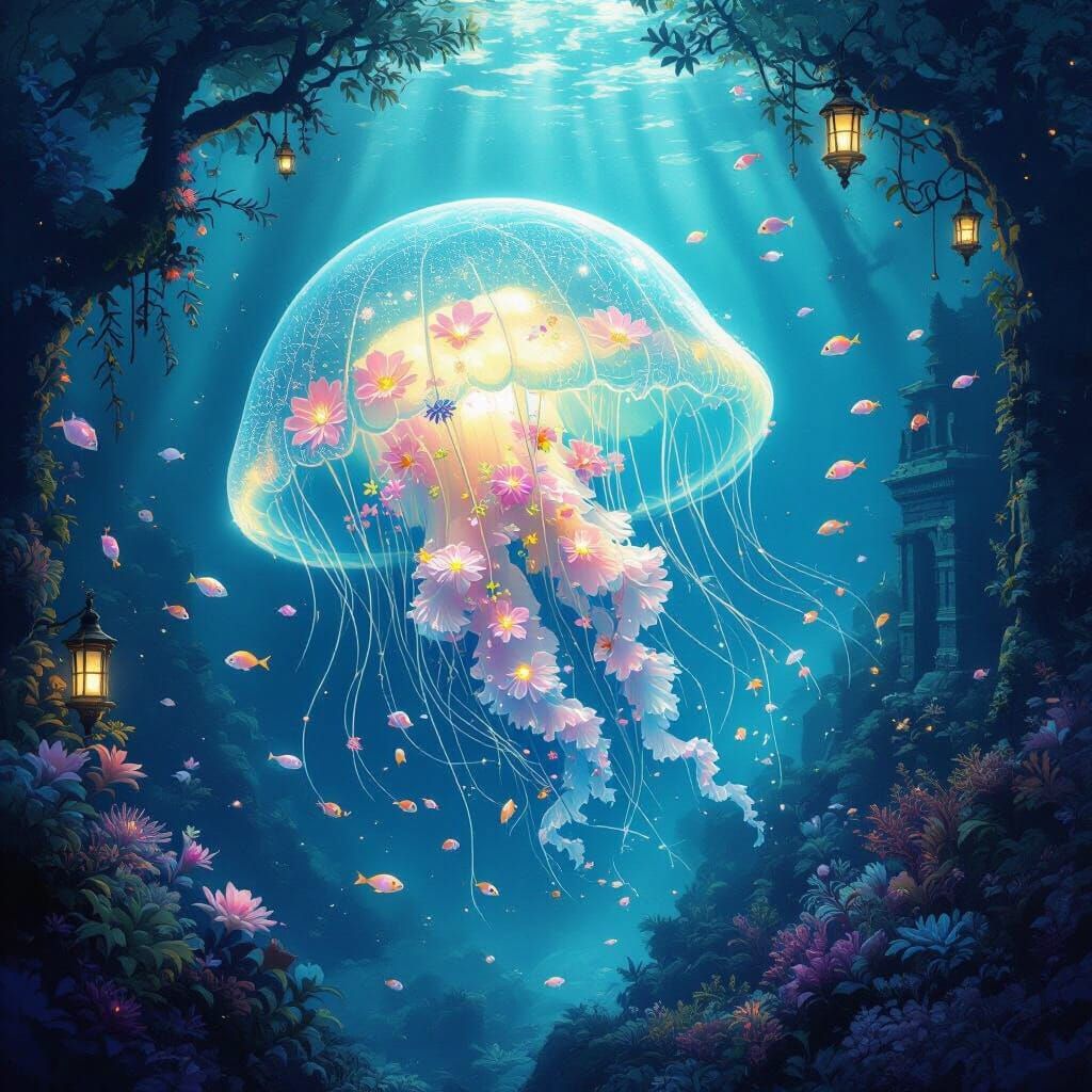 Bioluminescent Jellyfish Adorned with Glowing Flowers