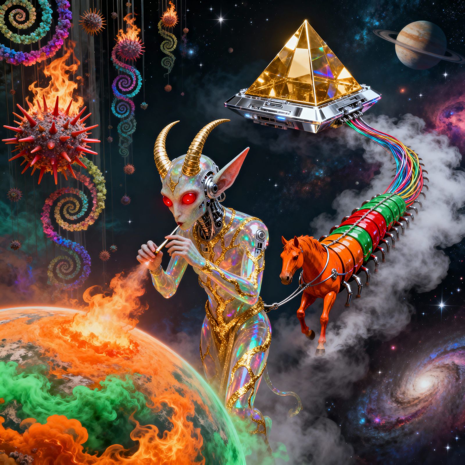 Cosmic Sorcerer Genie on Fiery Planet in Hyperreal Style