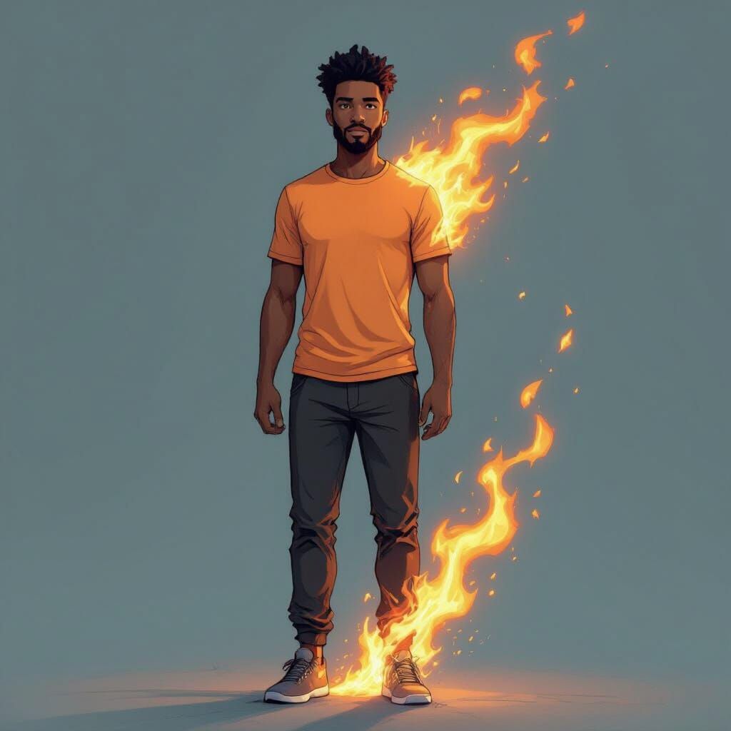 Black Man with Fiery Mantle in Drawing Style