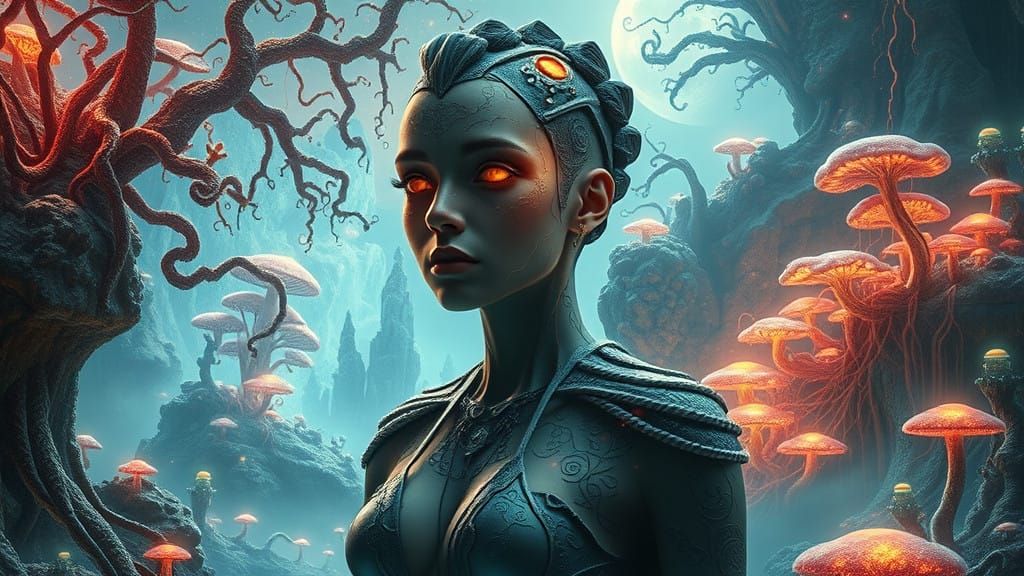 Ethereal Transhumanist in Mystical Alien Forest