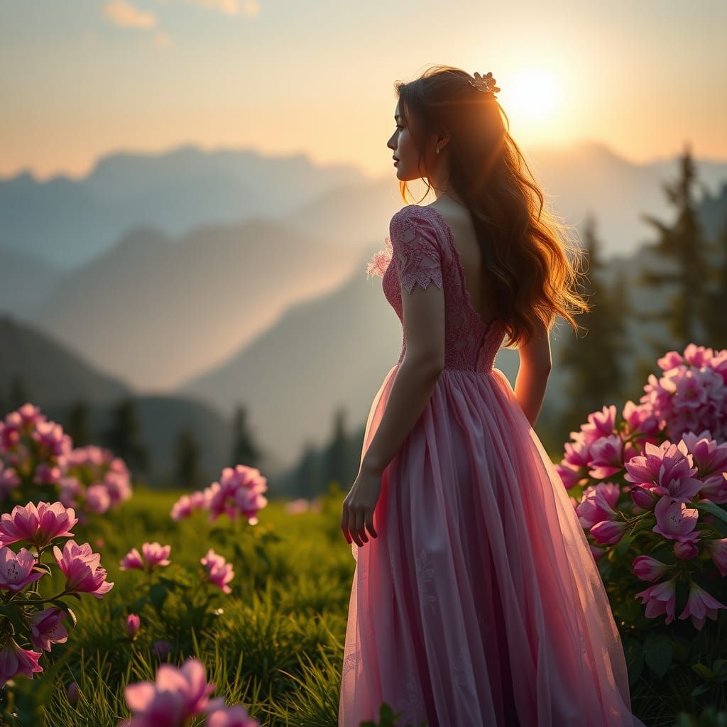 Woman in Pink Gown in Mountain Meadow