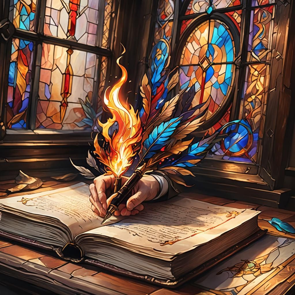 Flaming Ink Quill on Magical Parchment, Oil Painting