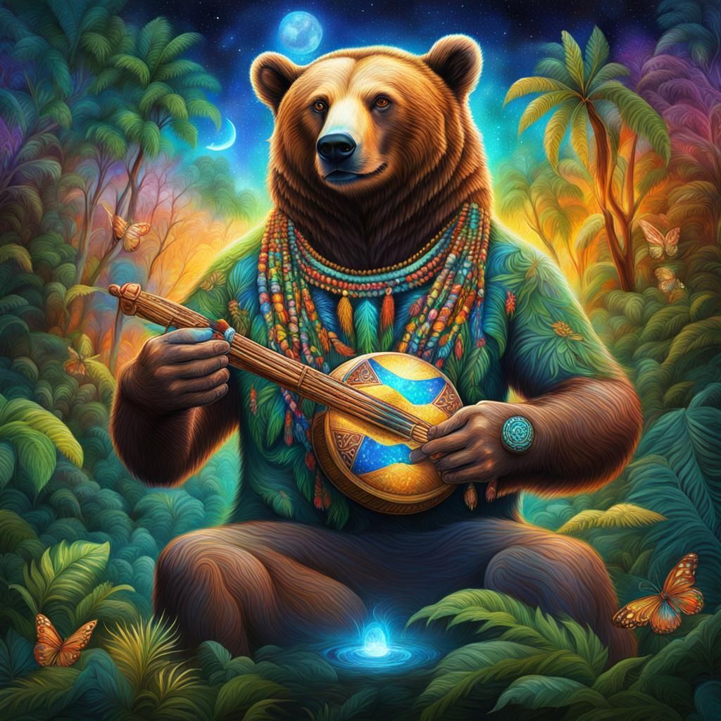 Man-Bear Shaman in Amazonian Forest, Holographic Illustratio...
