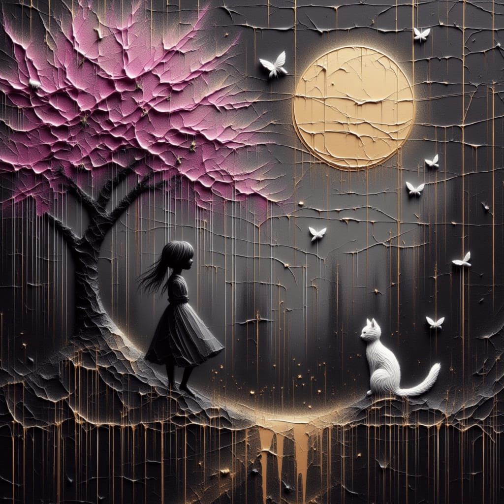 Silhouette of Girl, Cat, and Moon Under Cherry Blossoms