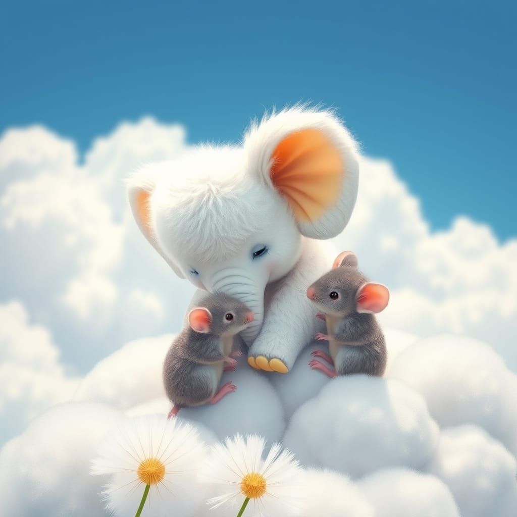 Vibrant Candyland Scene with Tiny Furry Elephant and Mouse