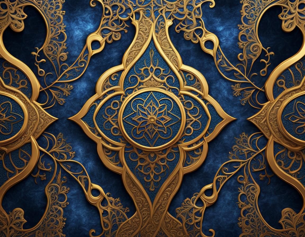Golden Arabic Patterns on Blue Velvet in Art Deco Style