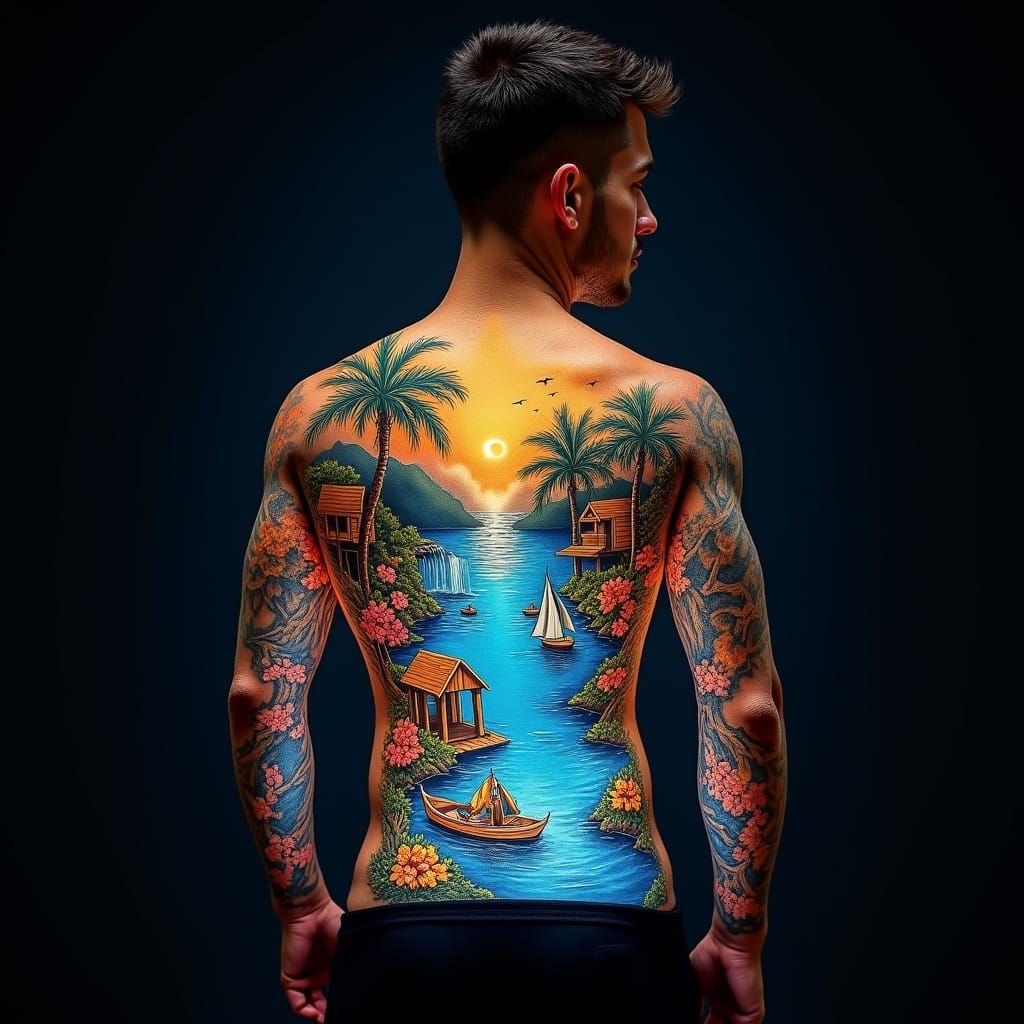 Man with Luminous Tattoos of Water-World Wonderland
