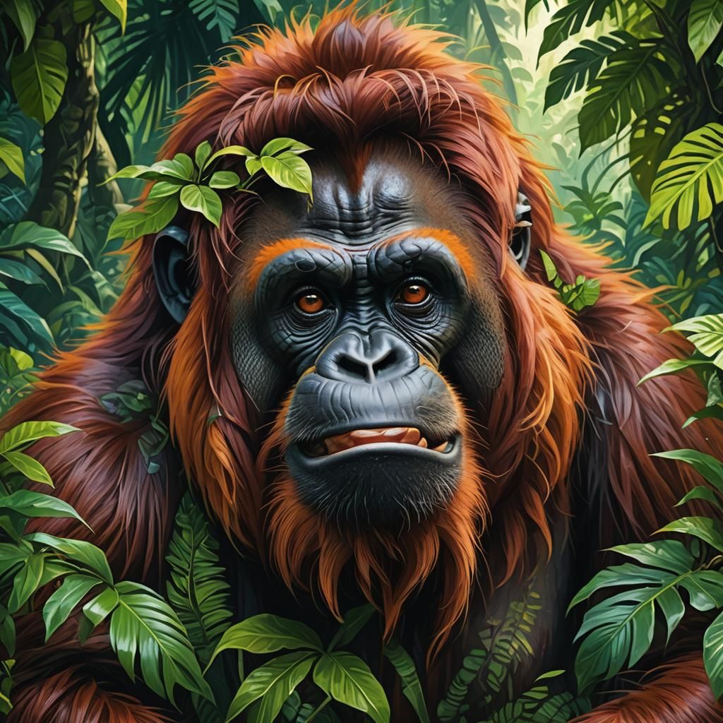 Mischievous Orangutan Portrait in Vibrant Fantasy Jungle