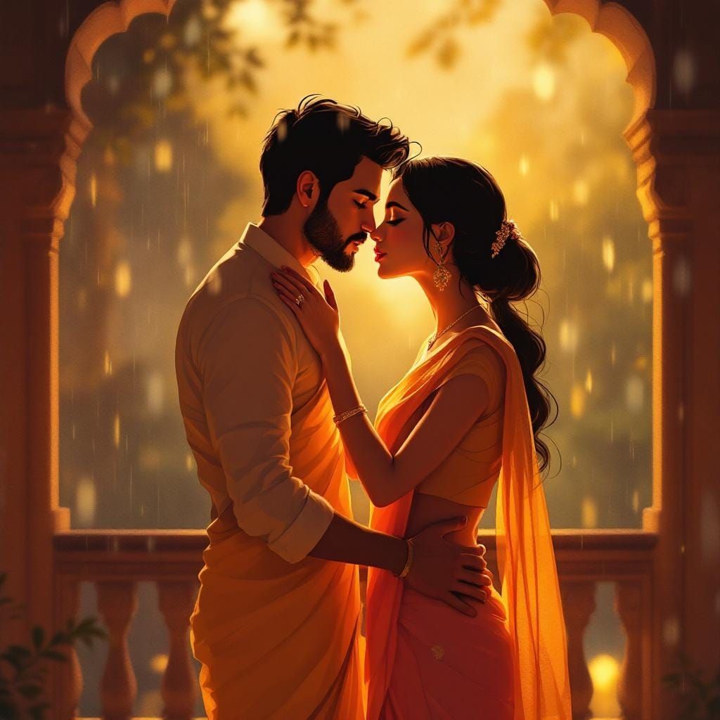 Cartoon Couple's Monsoon Kiss in Ghibli Style