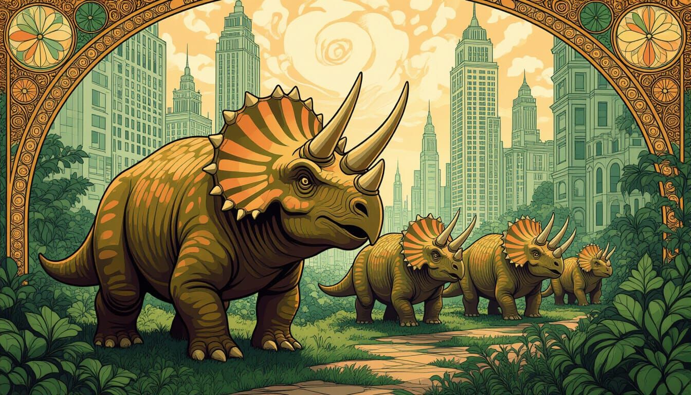 Triceratops Herd in Overgrown Art Nouveau City
