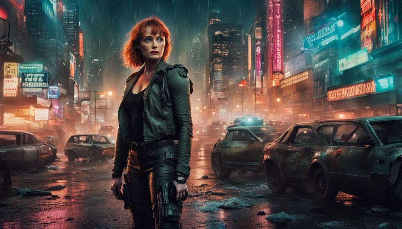 Cyberpunk Cityscape with Middle Aged Woman Model