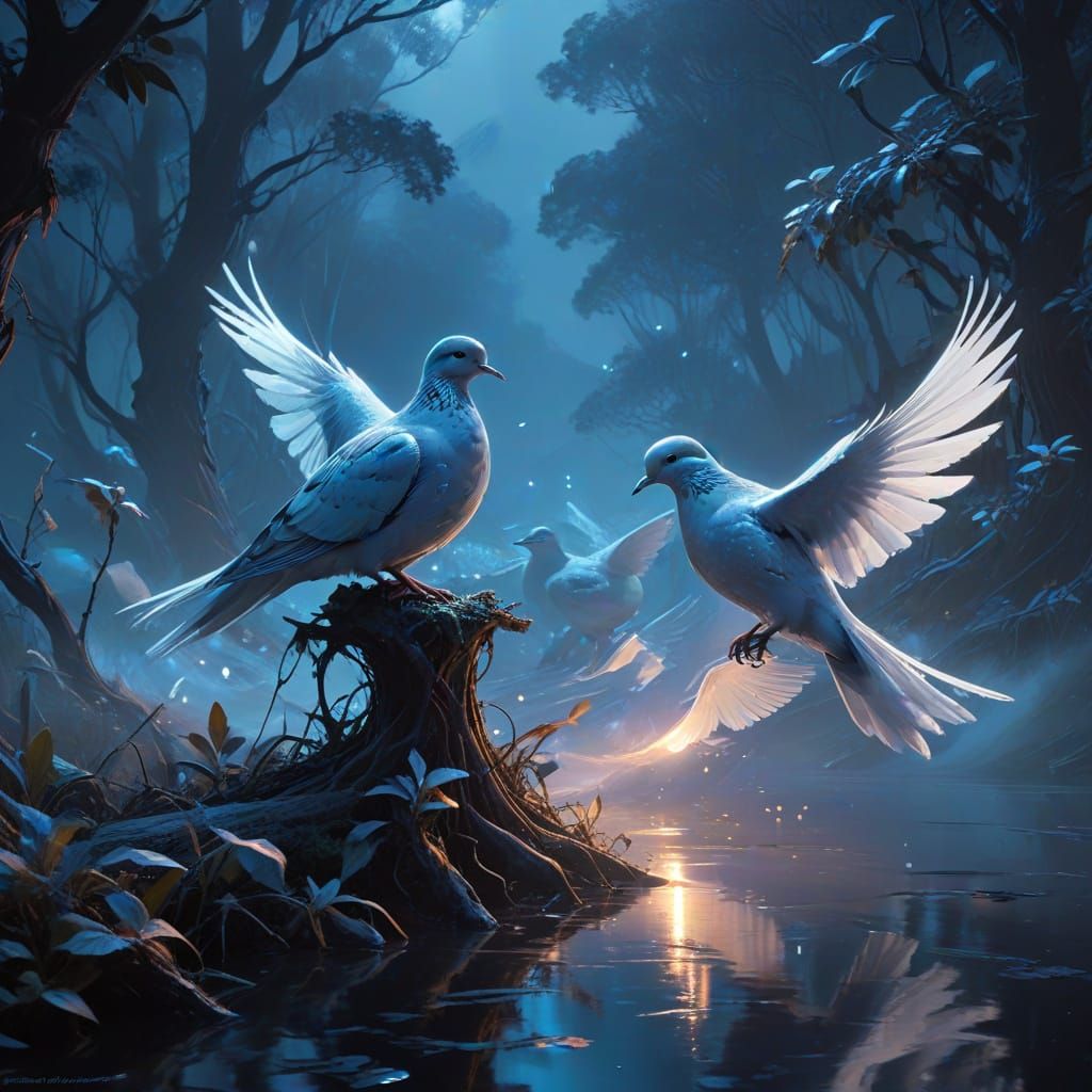 Glowing Doves in a Dreamlike, Ethereal Landscape